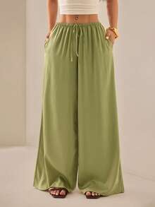 Vivamere Women's Drawstring Waist Casual Girlisim Wrinkle-Resistant Wide Leg Pants,Petite Women Golf Pastal Autumn - Army Green - View 8