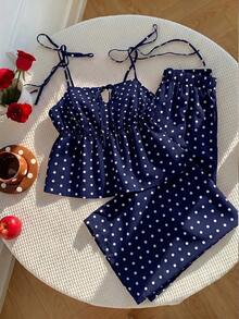 Solflare Navy Blue Plus Size Polka Dot Print Camisole And Casual Pants 2 Pieces Set - Navy Blue - View 7