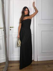 Ronhire Women's Solid Color Ruched Halter Long Dress, Elegant & Fashionable Black Summer - Black - View 6