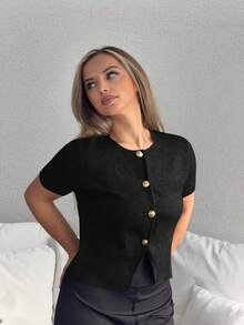 Jeta Ari Áo khoác cardigan tay ngắn ôm vừa vặn màu trơn đơn giản dành cho nữ - màu đen - Xem 6