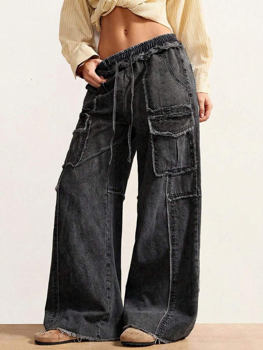 Bohemela Plus Size Women's Fashion Versatile Drawstring Waist Pocket Casual Cargo Denim Pants - Black - View 1