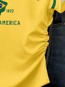 Retro Fashion Green "BRAZIL" Letter, Vibrant Sunshine Yellow, Contrast Striped Collar, Tween Girls Minimalist Round Neck Ruched Waist Fitted Short Sleeve T-Shirt, Suitable For Spring/Summer - Multicolor - View 4