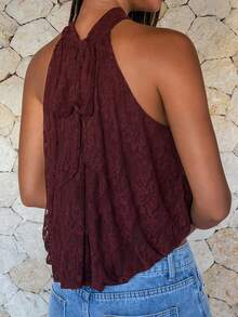 Aloruh Women's Elegant Solid Color Lace Halter Top, Summer Top,Wedding Guest, Party Top - Burgundy - View 9