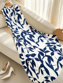 GlowEve CURVE Plus Size Women Leaf Print Casual Party Dress - Blue - View 1