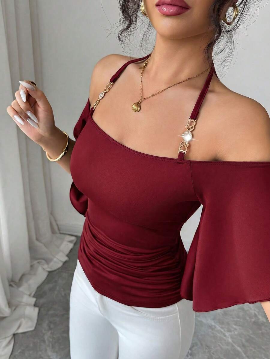 SHEIN Elenzya Camiseta Feminina de Alça Fina Cor Sólida, Top Ajustado com Manga Curta Ombros à Mostra Franzido Minimalista Elegante, Nova Primavera/Verão Uso Diário, Trabalho, Festival de Música, Jantar, Festa, Retrô Versátil - Vinho - Visão 1