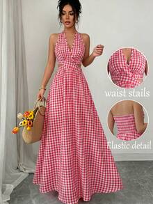 SHEIN Raffinéa Women's Long Red Plaid Halter Dress - Red - View 3