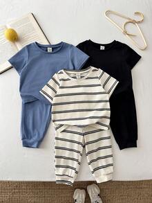 SHEIN LMoss Kids 6pcs Baby Boy Knitted Solid Striped Casual T-Shirt And Pants Set - Multicolor - View 5