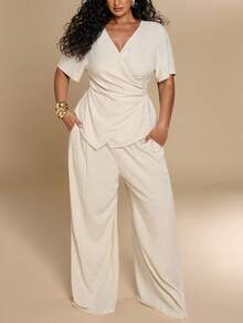 SHEIN BAE CURVE Conjunto de top con cuello cruzado y cintura ceñida, y pantalones de pierna ancha, de unicolor, para vacaciones y uso diario, tallas grandes, primavera/verano - Albaricoque - Ver 6