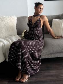 Ykhahaleahseptember Vestido con estampado de lunares y tirantes para espalda descubierta para mujeres - Marrón - Ver 2
