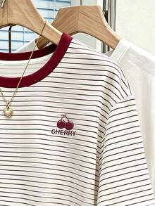 Resyla Striped Digital Print, Cherry Embroidery Casual Round Neck T-Shirt, A Gift For Friends - Multicolor - View 3