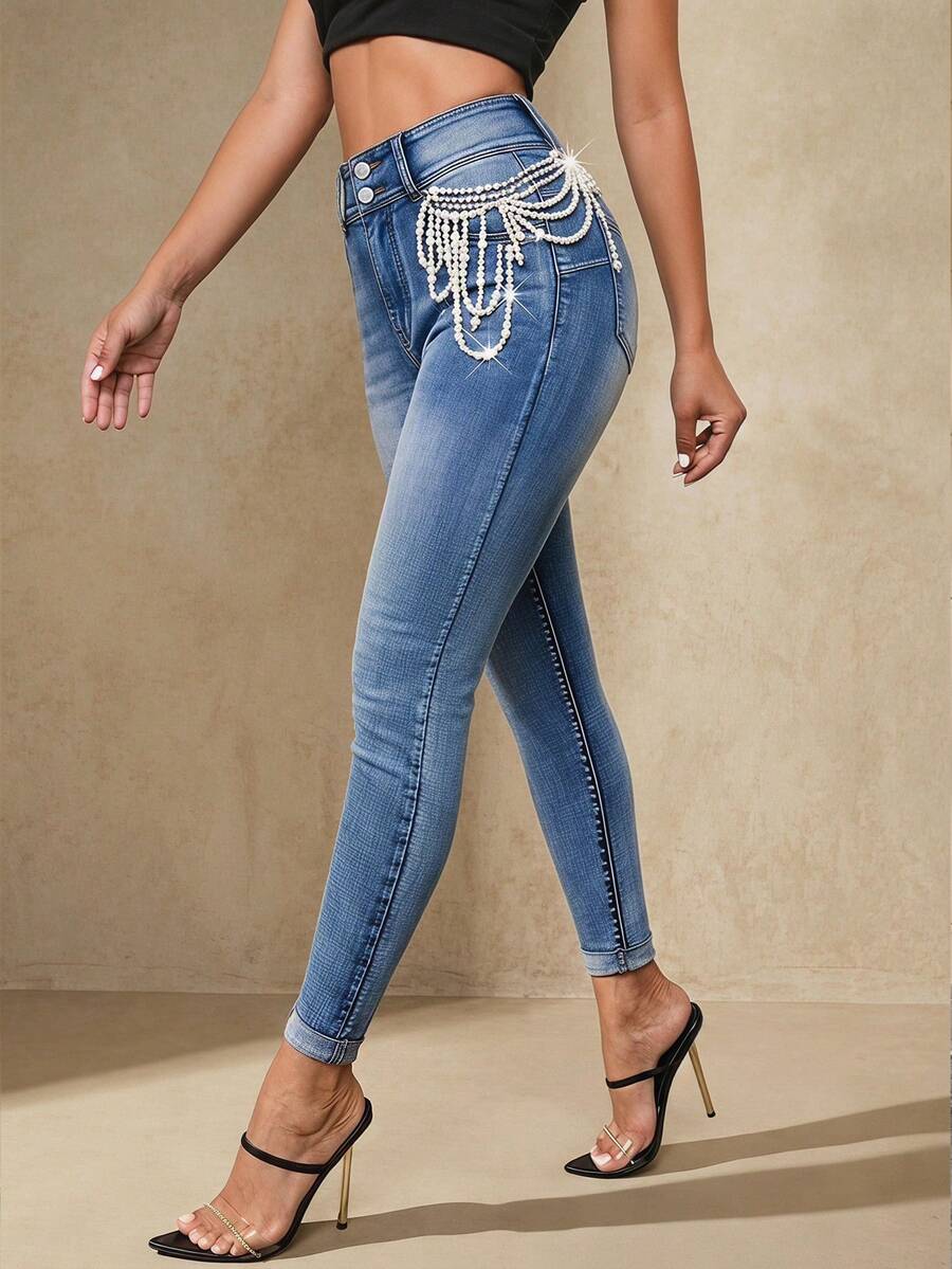SHEIN Unity 女款仿珍珠鍊飾貼身牛仔長褲 - 藍色 - 查看 1
