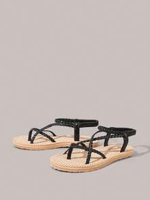 Styleloop Sandal Datar Wanita Anyaman dengan Gesper, Hitam, Sol Mirip Tali, Desain Cincin Jari Kaki, Desain Tali Romawi, Suasana Liburan, Pakaian Musim Panas, Perlengkapan Perjalanan - Hitam - View 4