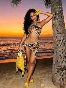 SHEIN BamGlam Women's Summer Vacation Leopard Print Halter Tie Tassel Vest And Mini Skirt 2 Pieces Set Beach Orange And White Tropical - Multicolor - View 1