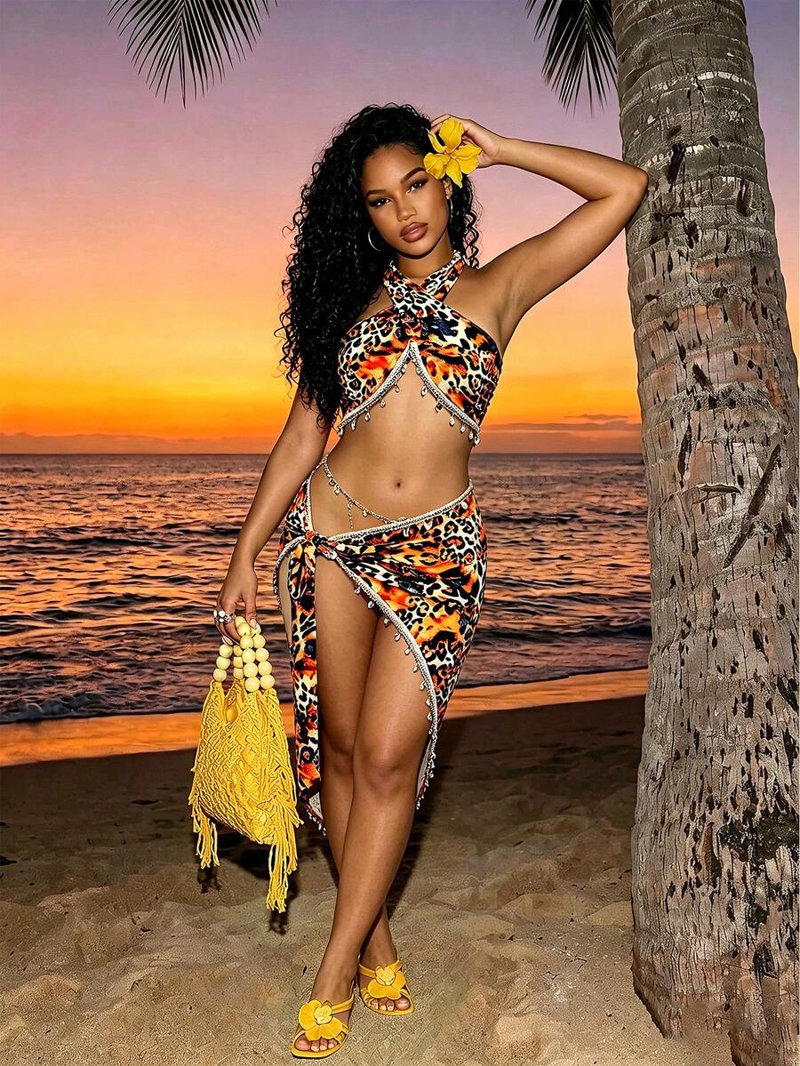 SHEIN BamGlam Women's Summer Vacation Leopard Print Halter Tie Tassel Vest And Mini Skirt 2 Pieces Set Beach Orange And White Tropical - Multicolor - View 1