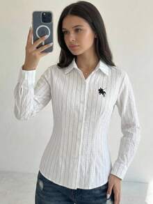 SHEIN 青少年女孩時尚刺繡杏色修身長袖襯衫，返校襯衫，女孩白色襯衫配小馬刺繡圖案，青少年女孩秋冬服飾 - 杏色 - 查看 7