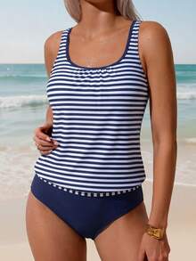 Swim Lushoire 1 Set Traje de Baño Tankini Elegante y Casual con Estampado de Rayas Azules & Blancas para Mujer - Multicolor - Ver 3