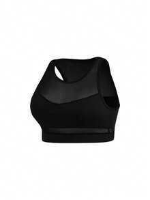 Cheerettes Plus Size Women Solid Color Mesh Patchwork Fitness Sports Tank Top - Black - View 5