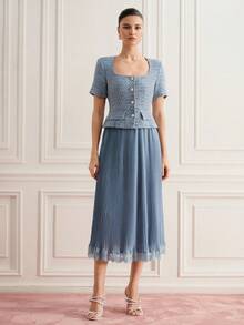 Zanirela Square Neck Button Front Tweed Fabric Top And Chiffon Pleated Skirt Set - Dusty Blue - View 3