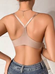 SHEIN 1pc Ladies' Solid Front Closure Bra Underwire - Khaki - View 2