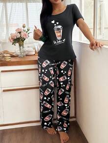 SHEIN Casual Underwear&Sleepwear 咖啡杯印花休閒圓領短袖女款睡衣套裝 - 黑色 - 查看 4