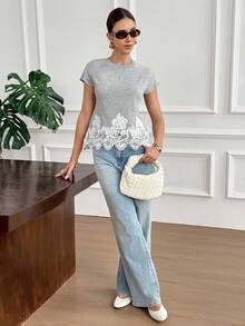 Serisse Women's Contrast Lace Hem Raglan Sleeve Knit Top - Grey - View 7