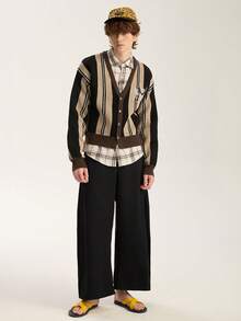 Limitiso Casual Khaki And Black Striped Men's Cardigan Short Knitwear Long Sleeve Button Front V-Neck Sweater - Khaki - View 3