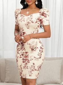SHEIN Lady Women's Fashionable Elegant Sweetheart Collar Floral Print Petal Sleeve Short Dress Party Garden Party Summer Beige Vacation Outfits - Multicolor - View 6