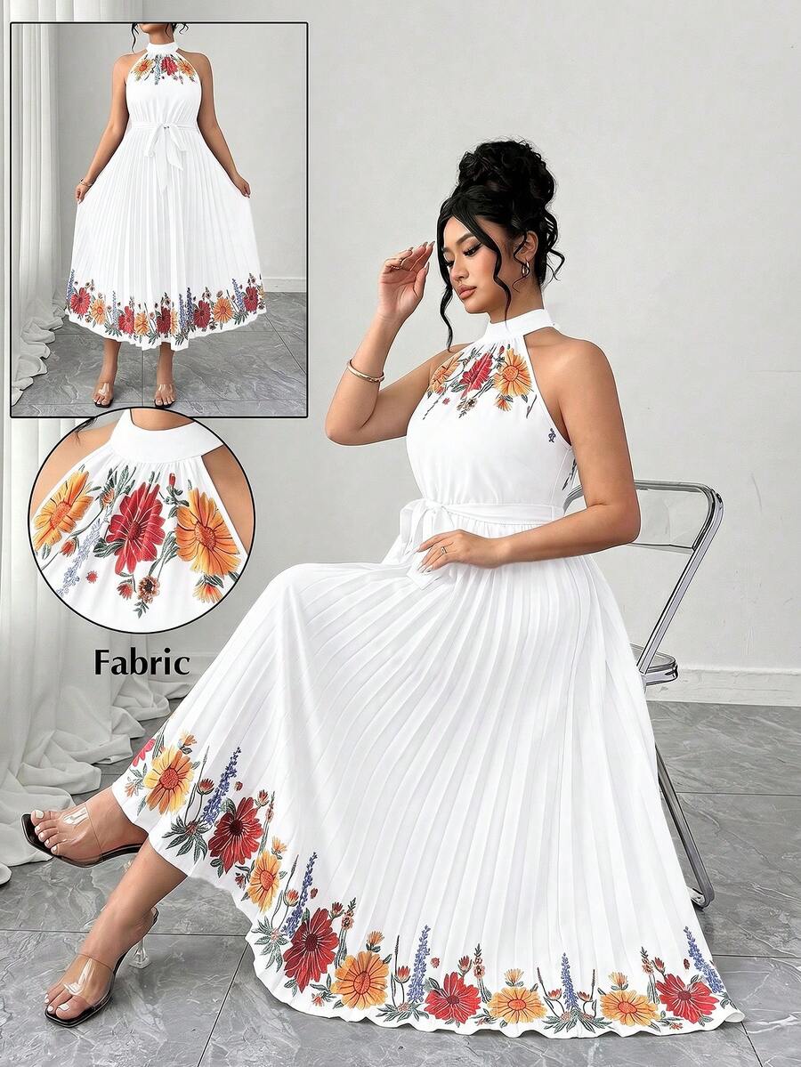 EMERY ROSE Plus Size Elegant Floral Print Halter Neck Pleated Dress, Summer - White - View 1