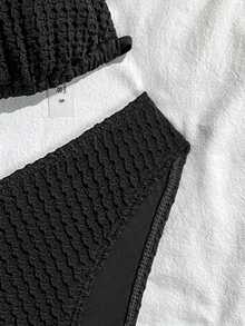 SHEIN Swim 26SS 女士春夏沙滩套装，女士比基尼套装，两件套，海滨度假风，INS网红性感炸弹优雅浪漫可爱波西米亚风纹理面料，精致金属贝壳扣装饰，可拆卸衬垫罩杯，细肩带露背比基尼套装 - 黑色 - 查看 5