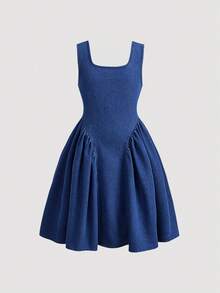 SHEIN New Casual European & American Style Elegant Open Shoulder Striped Tie Strap Bow Decor A-Line Mini Dress, & Graceful For Holiday Blue Striped Dress Girls - Dark Wash - View 2