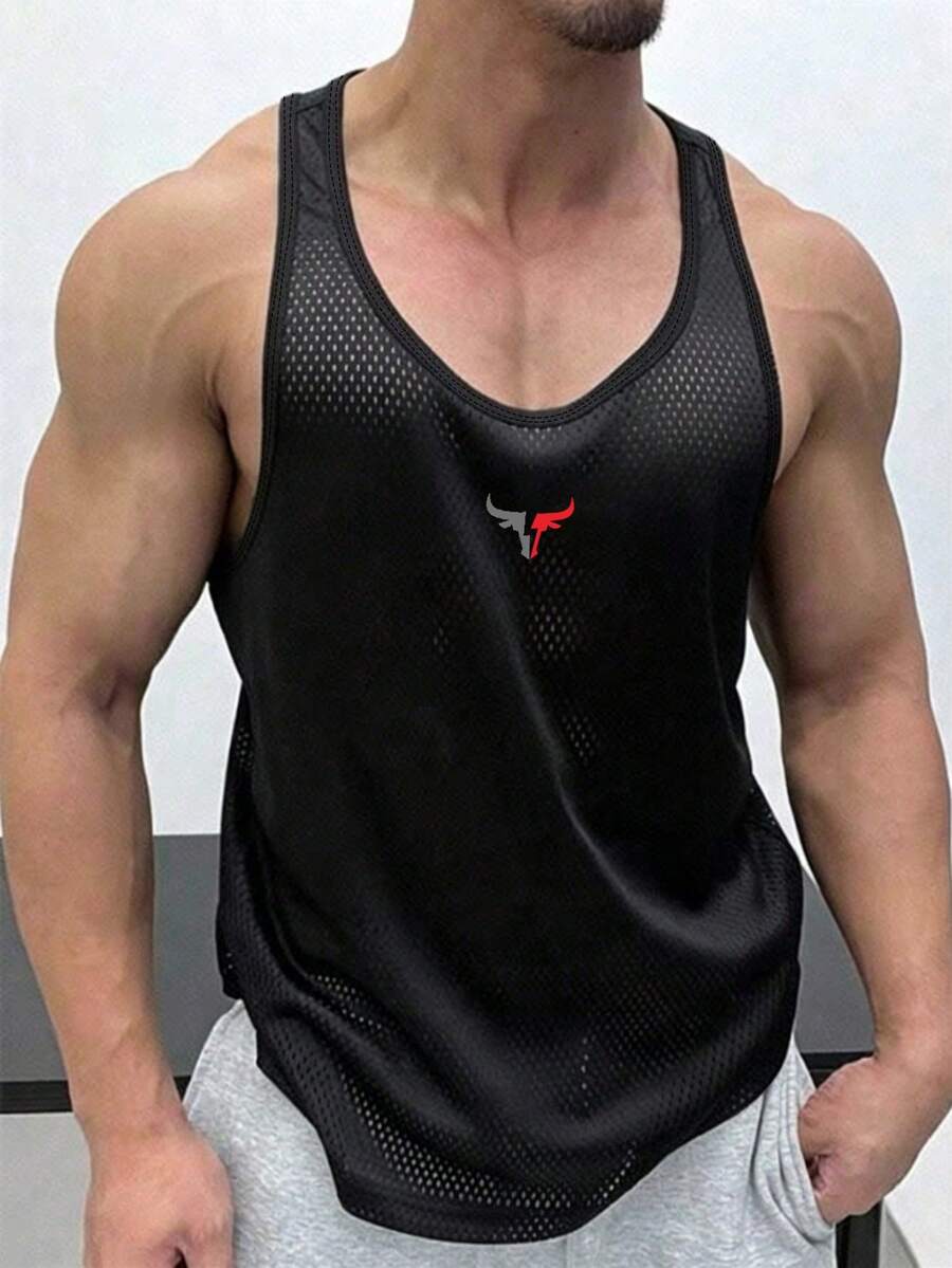 Gym Rark Men's Mesh Hollow Breathable Racerback Sports Tank Top, Summer, Gym, Holiday - Black - View 1