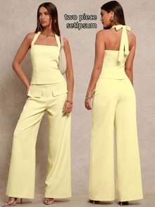 Glamine Halter Tie Waist Slim Sexy Crop Top & Straight Leg Pants 2 Pieces Set, Apricot Woven Fabric, Simple Design, Versatile, New Spring Collection Summer - Yellow - View 5