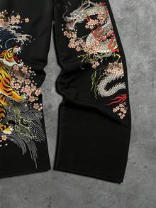 ROMWE MEN Goth Men's Casual Fashion Street Vacation Style Tiger, Dragon, Cherry Blossom Print Drawstring Waist Loose Wide Leg Sweatpants - Black - View 6
