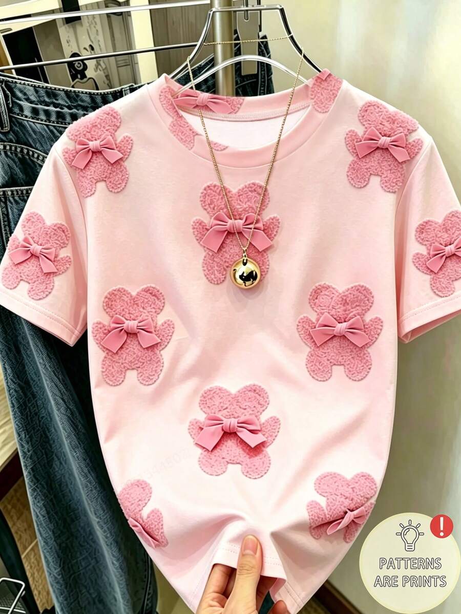 青少年女孩甜美粉色熊與蝴蝶結裝飾圓領短袖T恤,寬鬆印花休閒百搭輕便粉色上衣,可愛甜美適合日常穿著 - 彩色 - 查看 1
