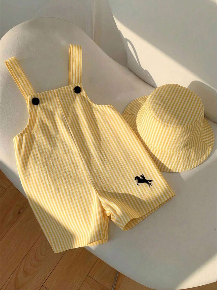 SHEIN 男女宝宝通用白色休闲连体衣套装，包含围兜裤和遮阳帽，适合春夏季居家或户外穿着 - 黃色 - 查看 1