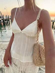 Zavorell Women's Elegant Cream White Striped Loose-Fitting Camisole Top, Summer Date Night Vacation Casual Holidays, Y2K Style Beachwear Business Office Work - Apricot - View 1