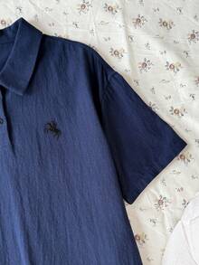 Teen Girl Navy Blue Polo Collar Embroidered Pattern Ruffle Hem Casual Dress, School Uniform Style, Suitable For School, Outdoor Activities, Shopping, Daily Wear - Royal Blue - View 3