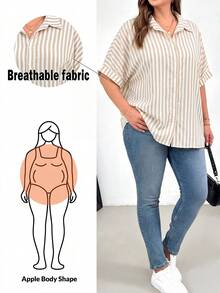 Shapeblank 大码女式条纹单排扣休闲百搭日常衬衫 - 杏色 - 查看 1