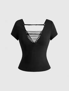 ROMWE Y2K Hollow Out Backless Twist Knot Design Sexy Slim Fit Women T-Shirt - Black - View 1