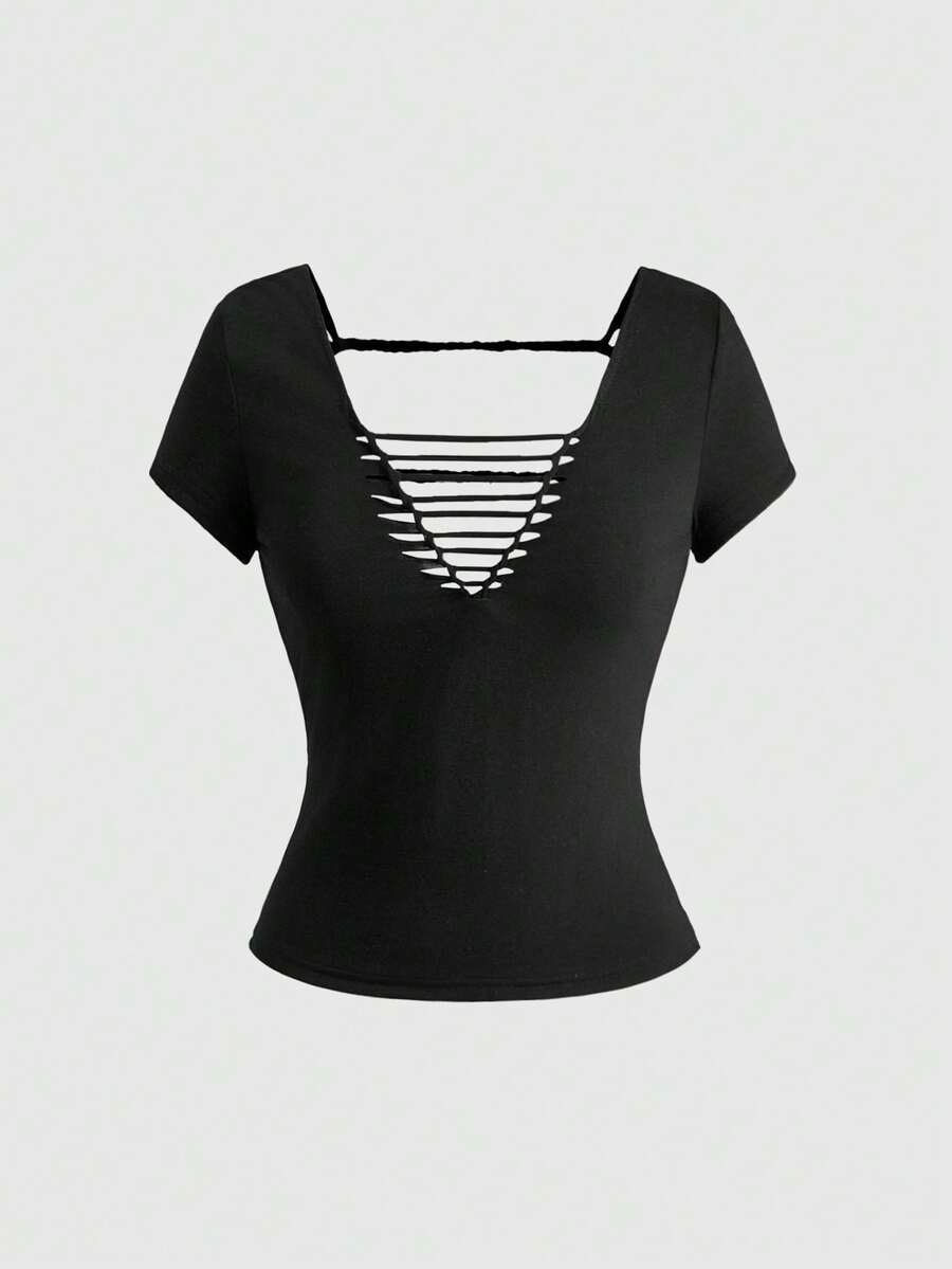 ROMWE Y2K Hollow Out Backless Twist Knot Design Sexy Slim Fit Women T-Shirt - Black - View 1