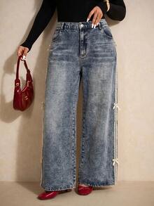 SHEIN CURVE+ Plus Size Women's High Waisted Bow Detail Wide Leg Jeans, Casual Everyday & Streetwear Pants For Women - Dark Wash - View 3