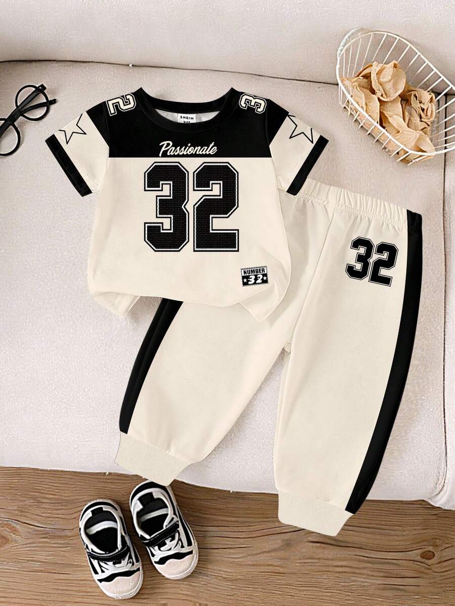 1 Set Baby Boys' Casual Sports Style Numeric 32 & Star Letter Print Round Neck Short Sleeve T-Shirt And Pants Infant Knit Outfit, Spring To Summer - Multicolor - View 1