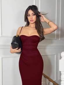 Ronhire Summer Women Lace Patchwork Spaghetti Strap Dress Elegant Party - Burgundy - View 6