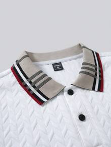EGENSIO Men's Knitted Jacquard Textured Collar & Cuff Ribbed Classic 2-Button Polo Shirt, Formal - White - View 8