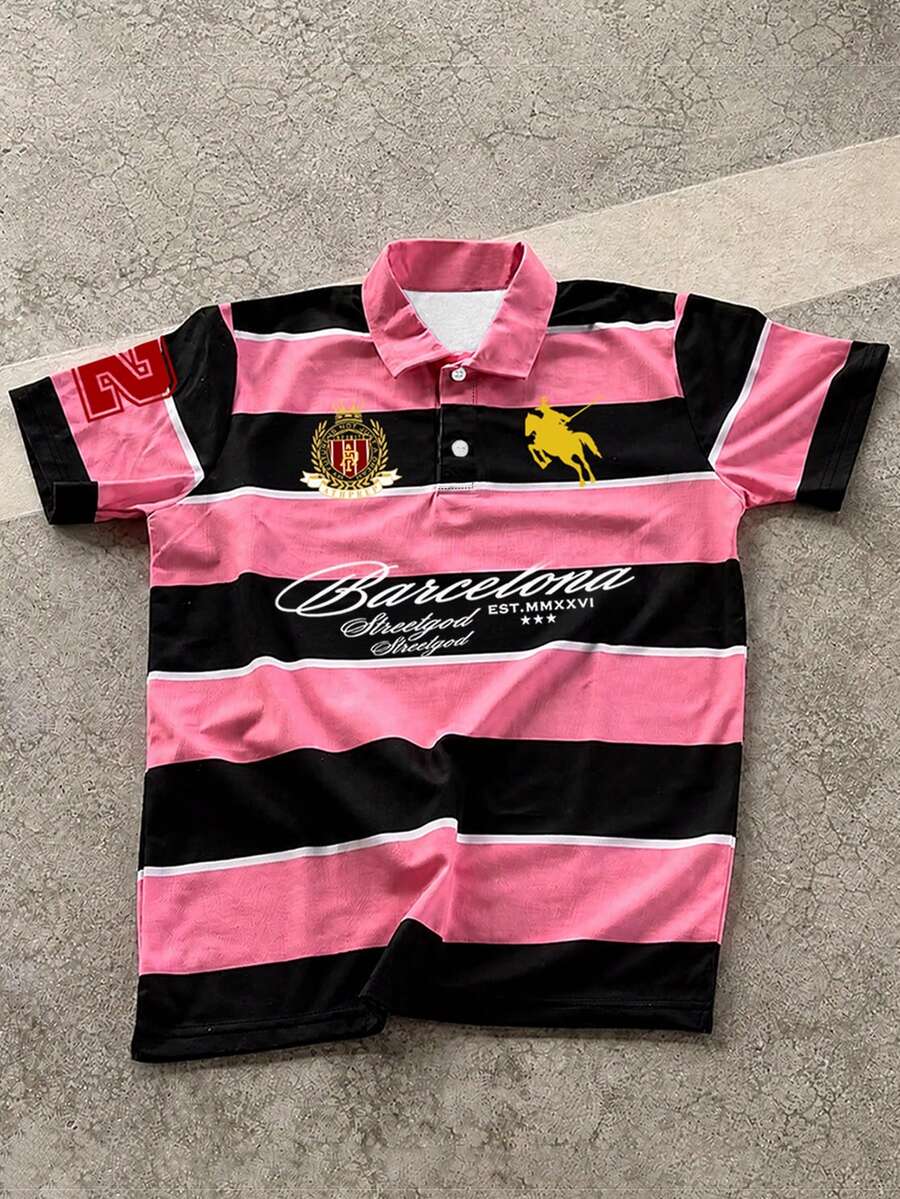 Manfinity EMRG Men's Colorblock Striped & Letter Print Short Sleeve Polo Shirt, Summer - Multicolor - View 1
