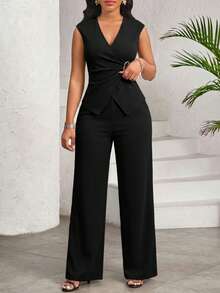 SHEIN Lady Elegant Business Casual Women's Black V Neck Jumpsuit With Waist Buckle Detail For Business Office And Formal Occasions Summer - Black - View 7