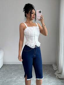 Selianne Women's Casual Elastic Lace Trim Modern Fashion Woven Denim Capri Pants - Dark Wash - View 1
