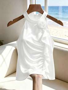 GlowEve CURVE Plus Size Women Solid Color 3D Floral Decor Pleated Halter Blouse Party Vacation Wedding Guest All White Summer - White - View 3