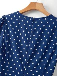 SHEIN Franclia Women's Woven Polka Dot Round Neck Short Sleeve A-Line Elegant Long Summer Dress - Navy Blue - View 3