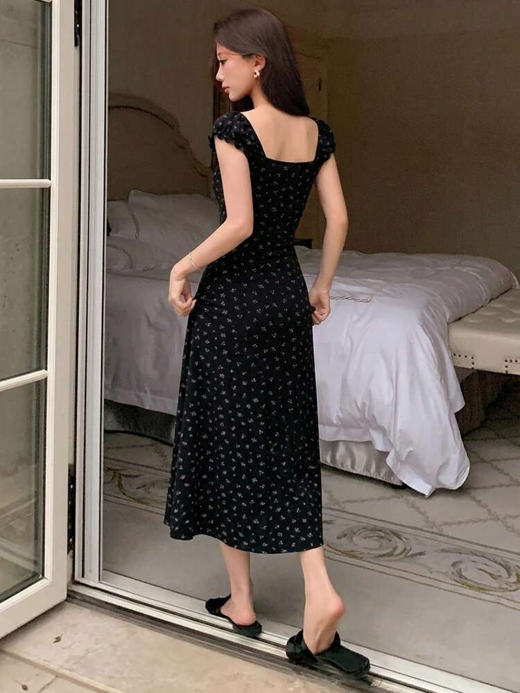 Sweet Ditsy Floral Sleeveless Waist Cinched Dress, Women Summer Nightgown